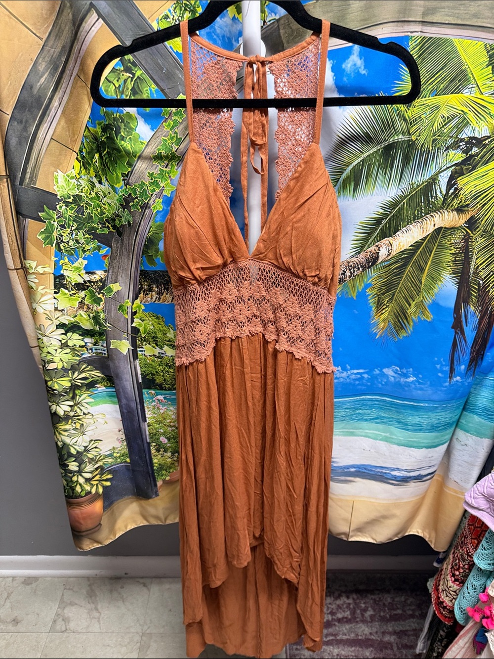 Jolie & Joy Crochet-Trim Halter Maxi Dress in Terracotta